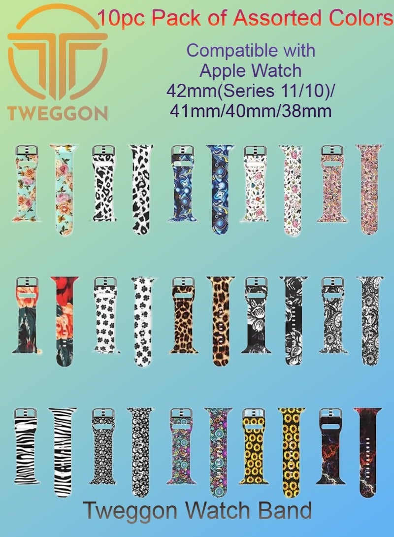 تي دبليو إي جي جي أو أن مجموعة من 10 قطع من أحزمة/سوارات السيليكون المطبوعة لساعة Apple Watch من جميع السلاسل متوافقة مع 42 مم (السلسلة 10)/41 مم/40 مم/38 مم بألوان متنوعة - Image 1